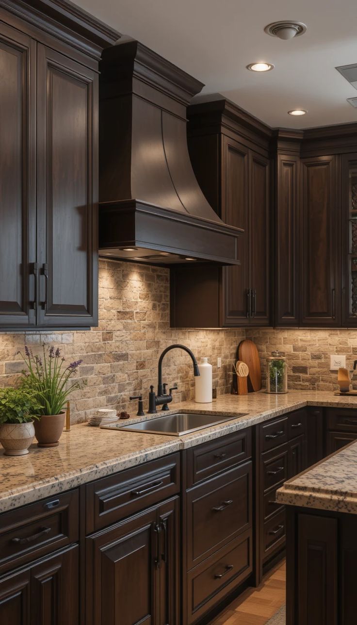 Dark Wood L-Shaped Island Modular Kitchen