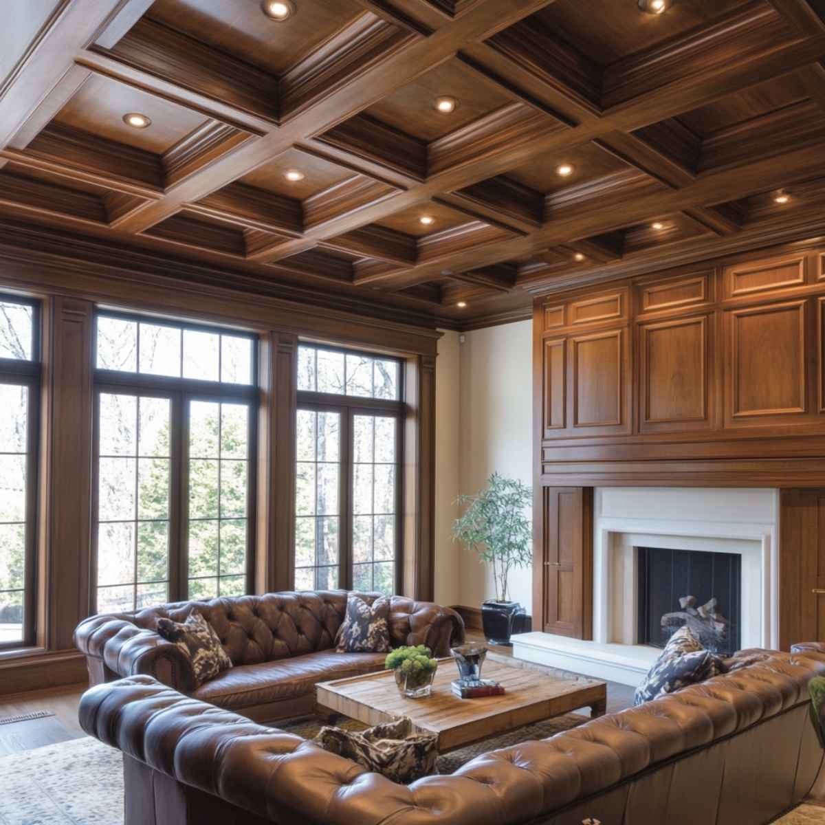 Living room with coffered wooden ceiling and warm lighting