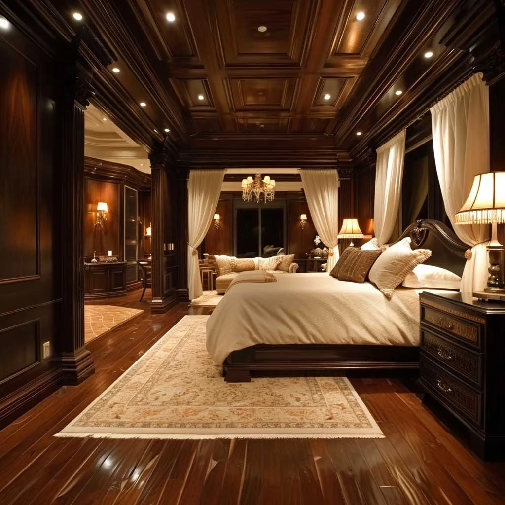 Living room with elegant coffered ceiling and warm decor