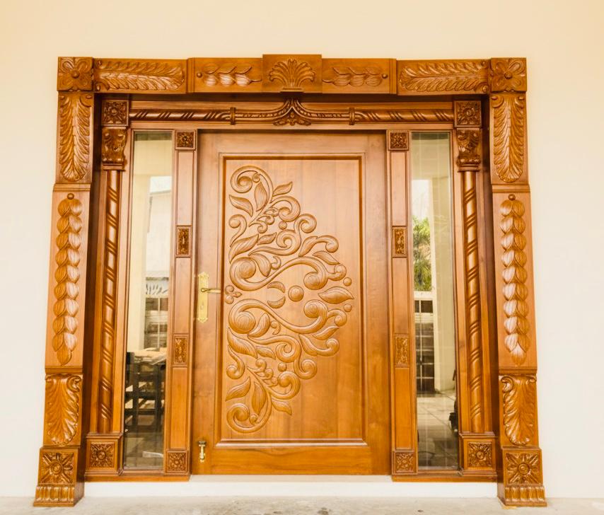 Teak wood floral carved double entry door